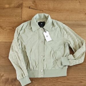 7 For All Mankind Light Green Bomber Jacket with Eyelet Sleeves